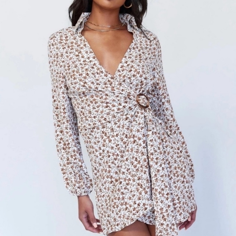 Princess Polly Kodi Wrap Brown and White Floral Long Sleeve Dress